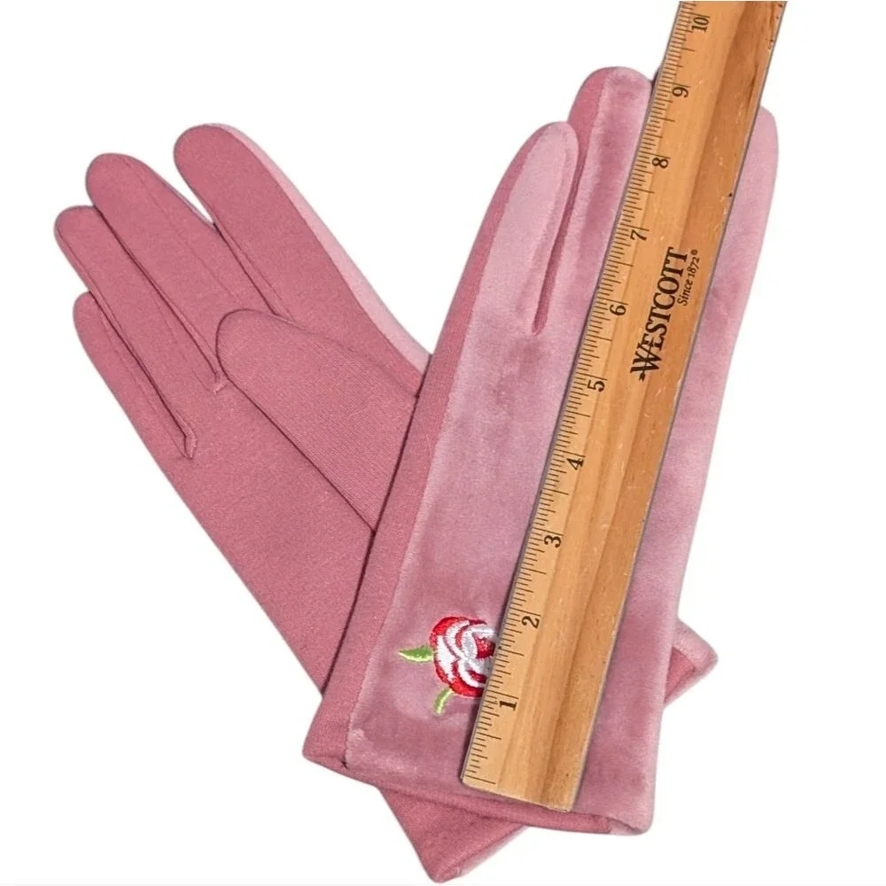 New velvety gloves with embroidered flower OS pink stretch soft cozy cottagecore